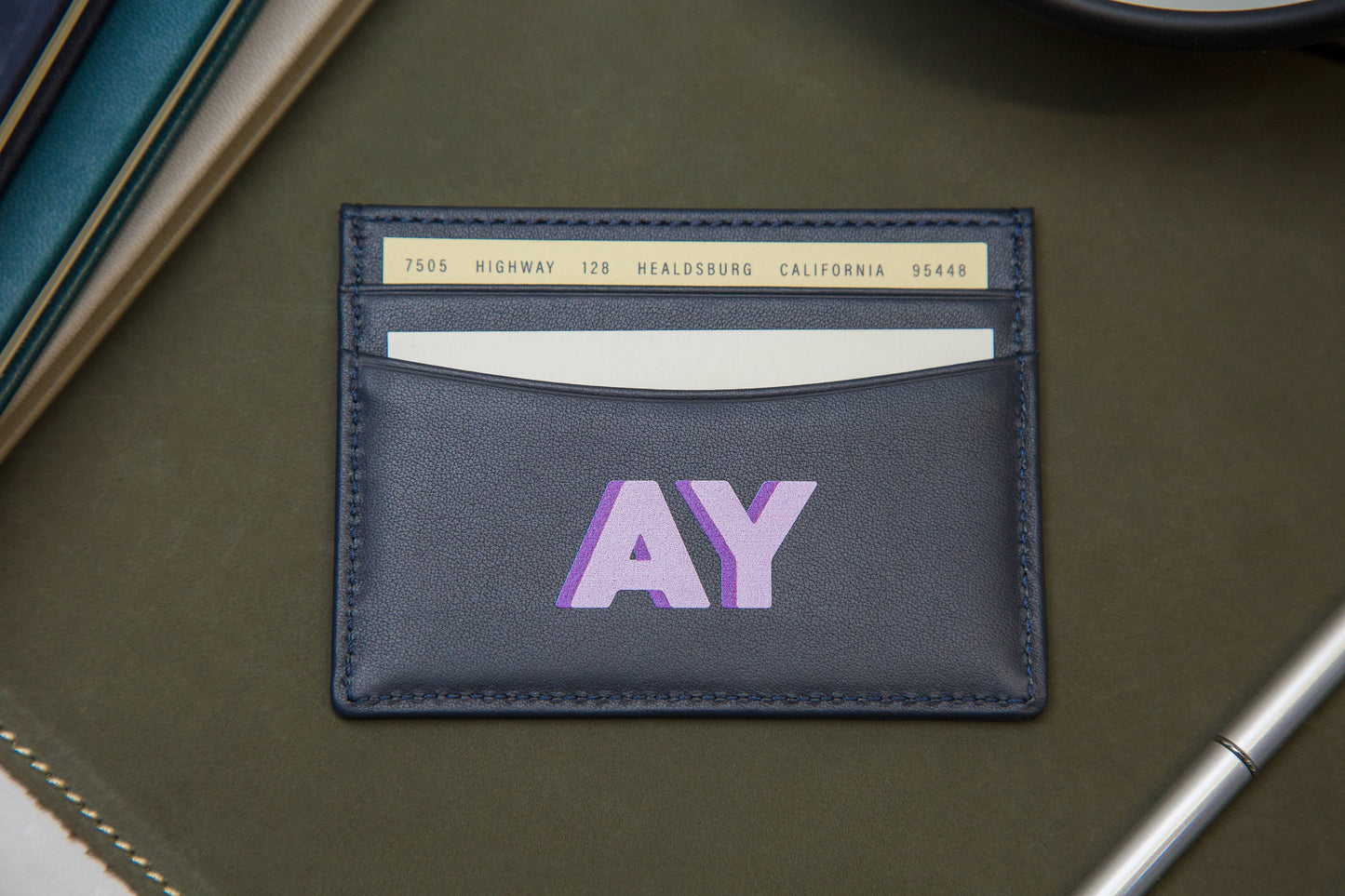 Personalized Leather Card Holder (Center) - Custom Monogram Name Initials Slim Money ID Wallet, Anniversary Wedding Travel Gifts for Him Her