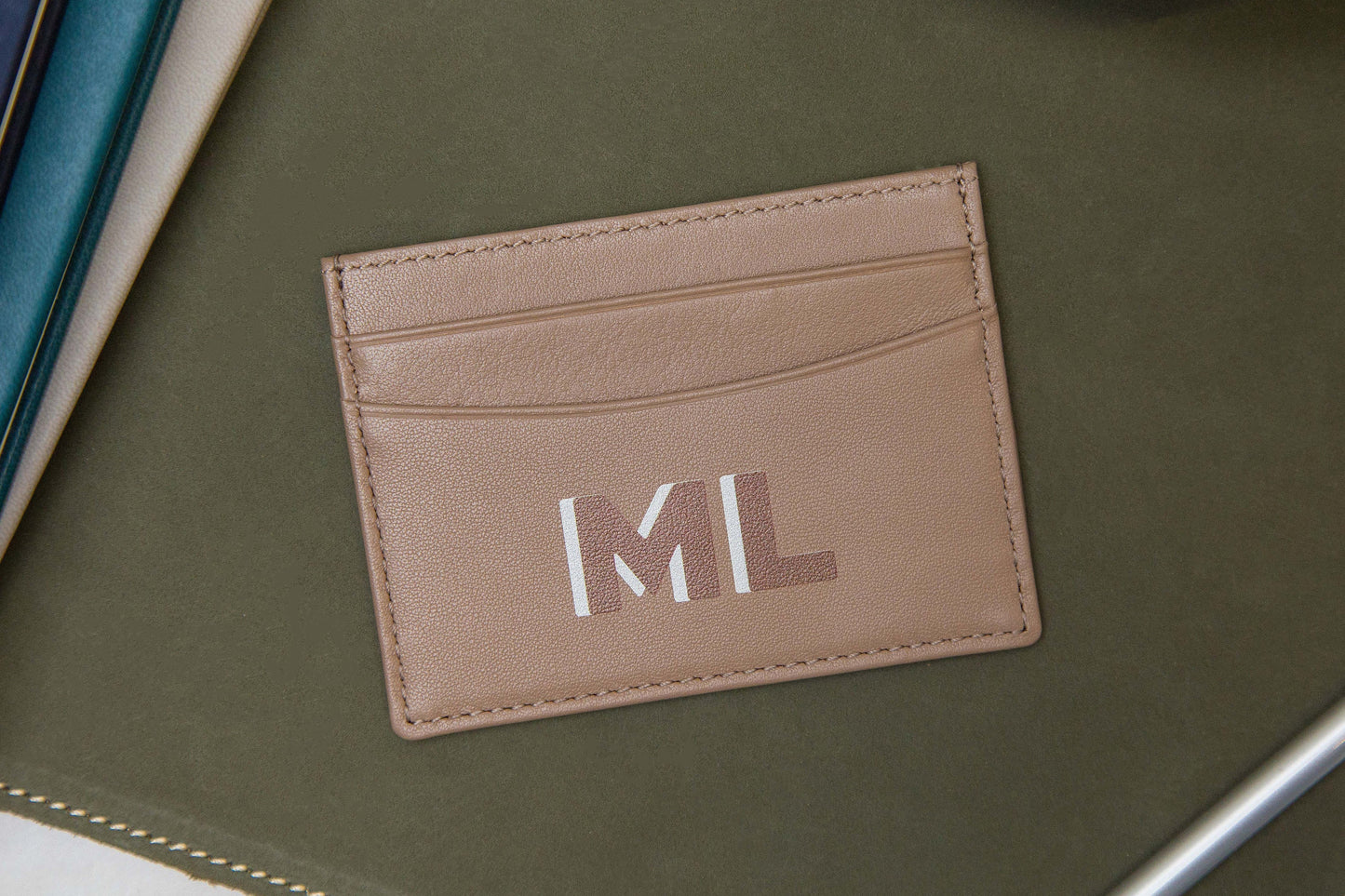 Personalized Leather Card Holder (Center) - Custom Monogram Name Initials Slim Money ID Wallet, Anniversary Wedding Travel Gifts for Him Her