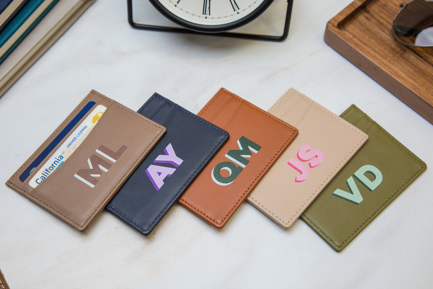 Personalized Leather Card Holder (Center) - Custom Monogram Name Initials Slim Money ID Wallet, Anniversary Wedding Travel Gifts for Him Her