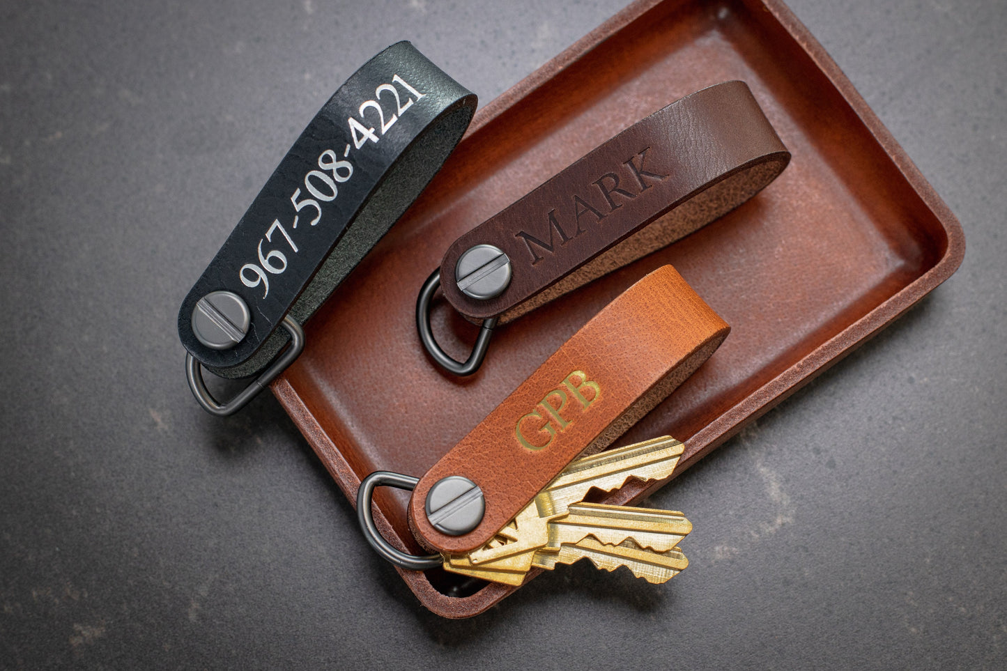 Embossed Leather Strap Key Chains (Name) - Customized Name Keychain for Men, Modern Key Ring Holder, Minimalist Leather Accessory Gift Ideas