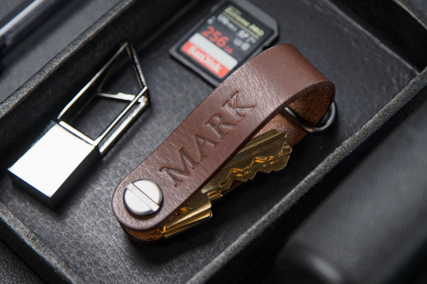 Embossed Leather Strap Key Chains (Name) - Customized Name Keychain for Men, Modern Key Ring Holder, Minimalist Leather Accessory Gift Ideas