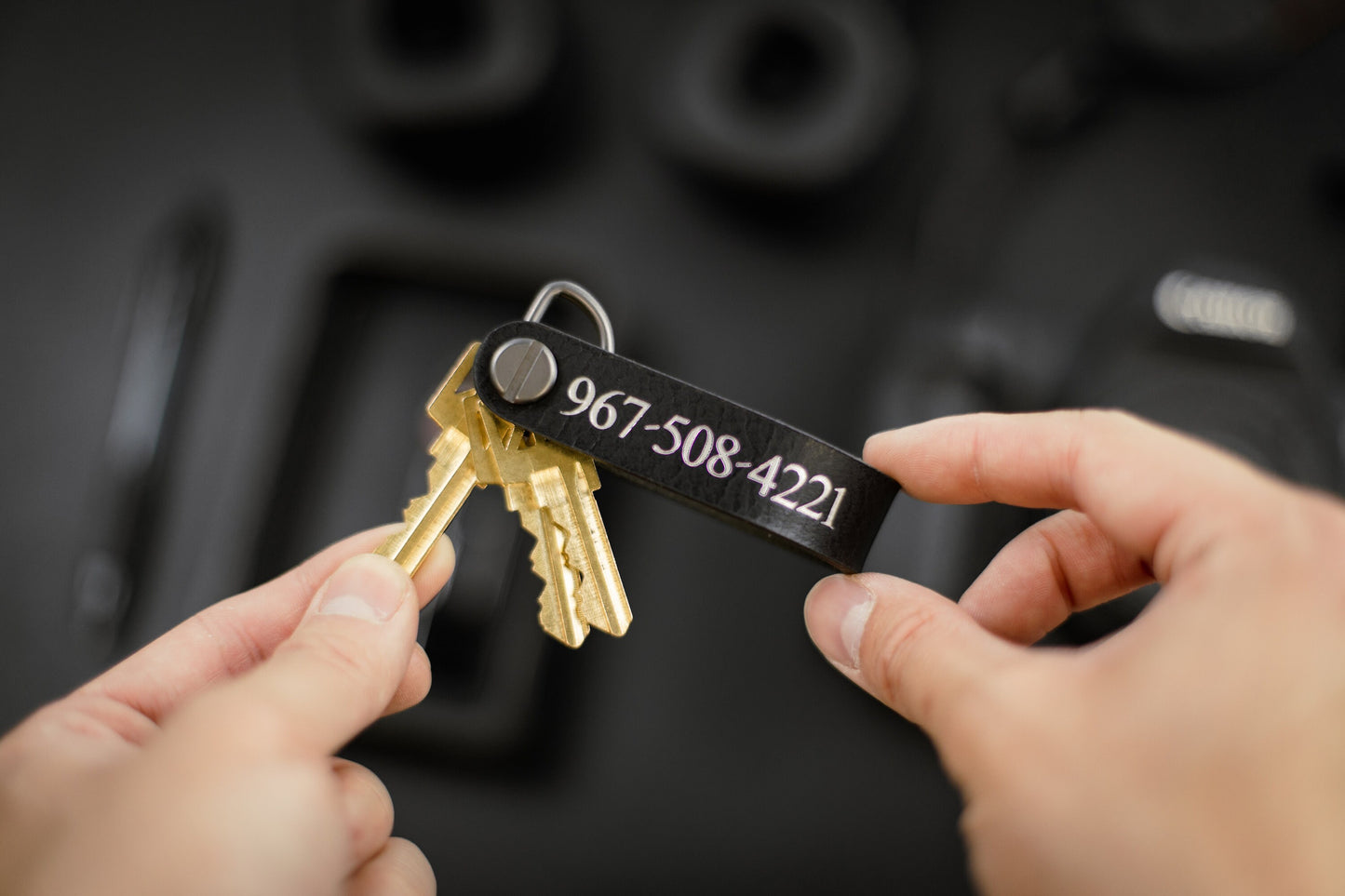 Embossed Leather Strap Key Chains (Name) - Customized Name Keychain for Men, Modern Key Ring Holder, Minimalist Leather Accessory Gift Ideas