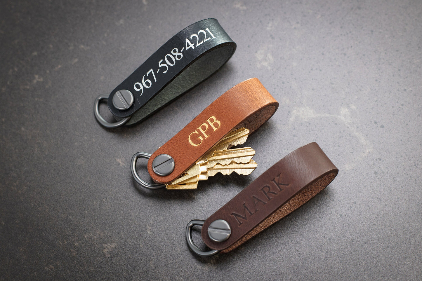 Embossed Leather Strap Key Chains (Name) - Customized Name Keychain for Men, Modern Key Ring Holder, Minimalist Leather Accessory Gift Ideas