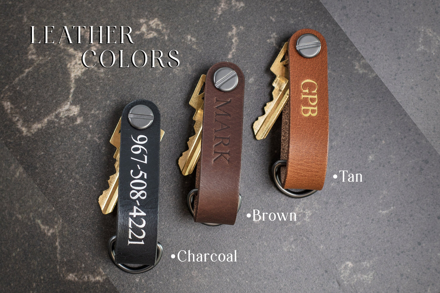 Embossed Leather Strap Key Chains (Name) - Customized Name Keychain for Men, Modern Key Ring Holder, Minimalist Leather Accessory Gift Ideas