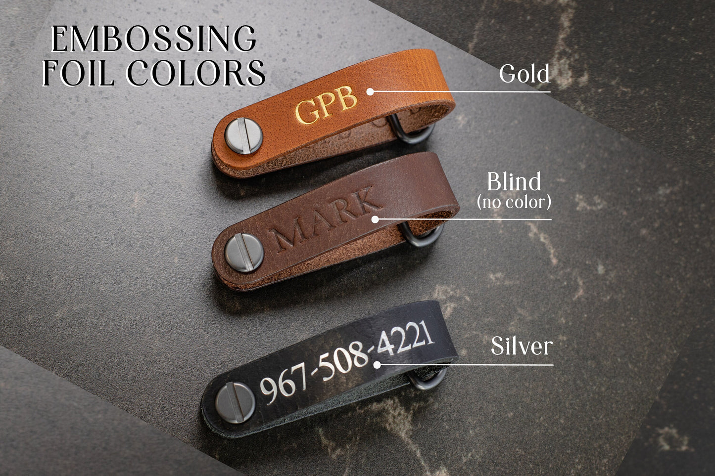 Embossed Leather Strap Key Chains (Name) - Customized Name Keychain for Men, Modern Key Ring Holder, Minimalist Leather Accessory Gift Ideas