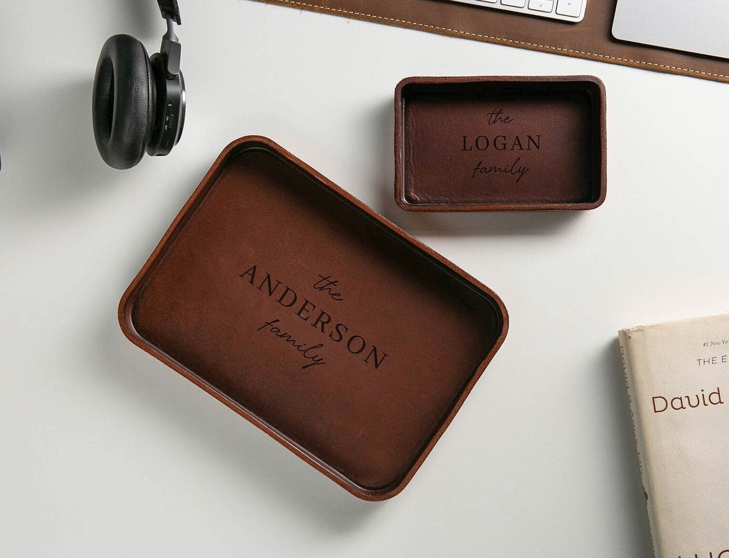 Vegetable Tanned Hard Leather Valet (Design 2) - Housewarming Newlywed Married Couple Gifts for Him Husband Catchall EDC Tray, Teacher Gift