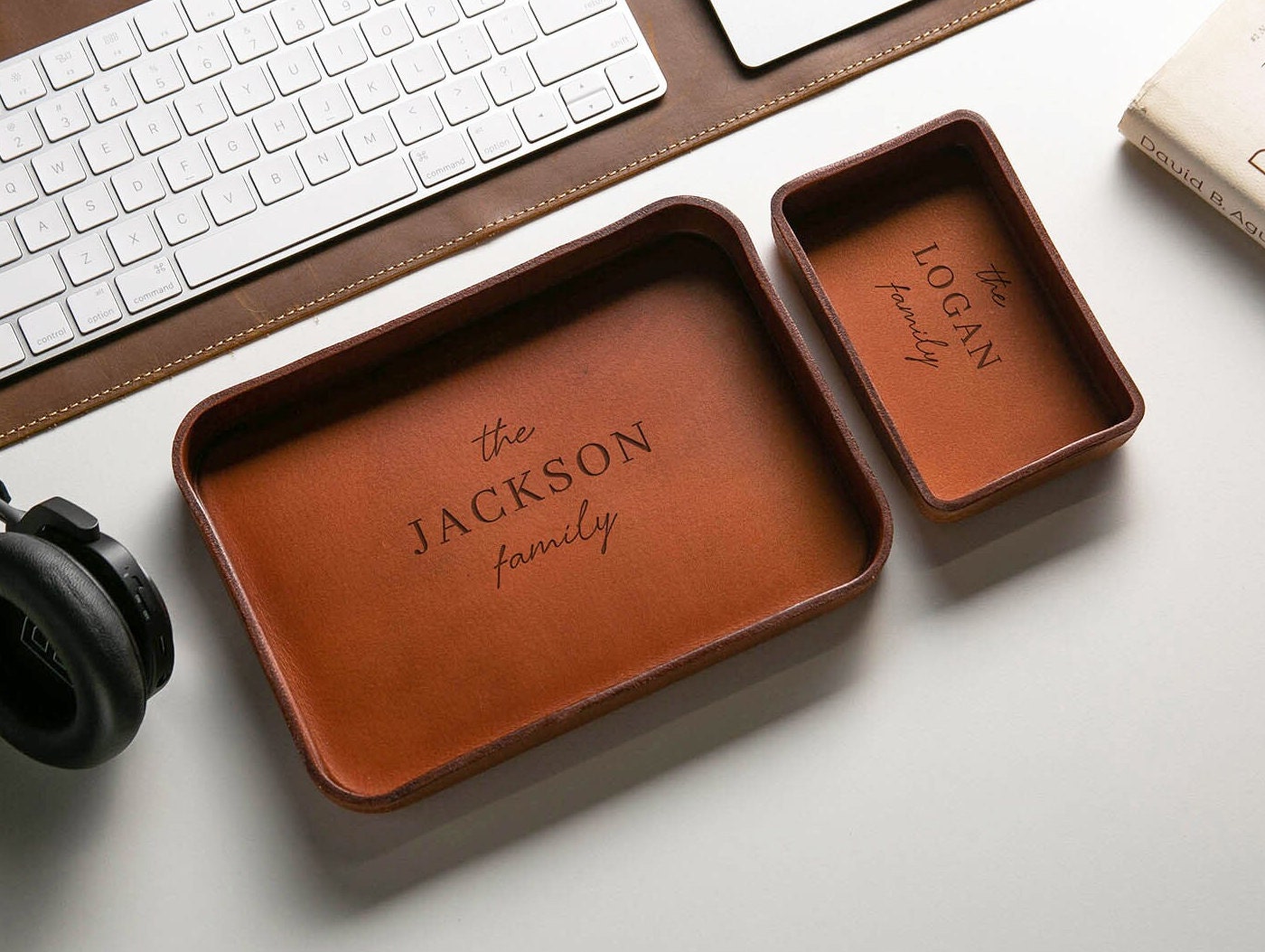 Vegetable Tanned Hard Leather Valet (Design 2) - Housewarming Newlywed Married Couple Gifts for Him Husband Catchall EDC Tray, Teacher Gift