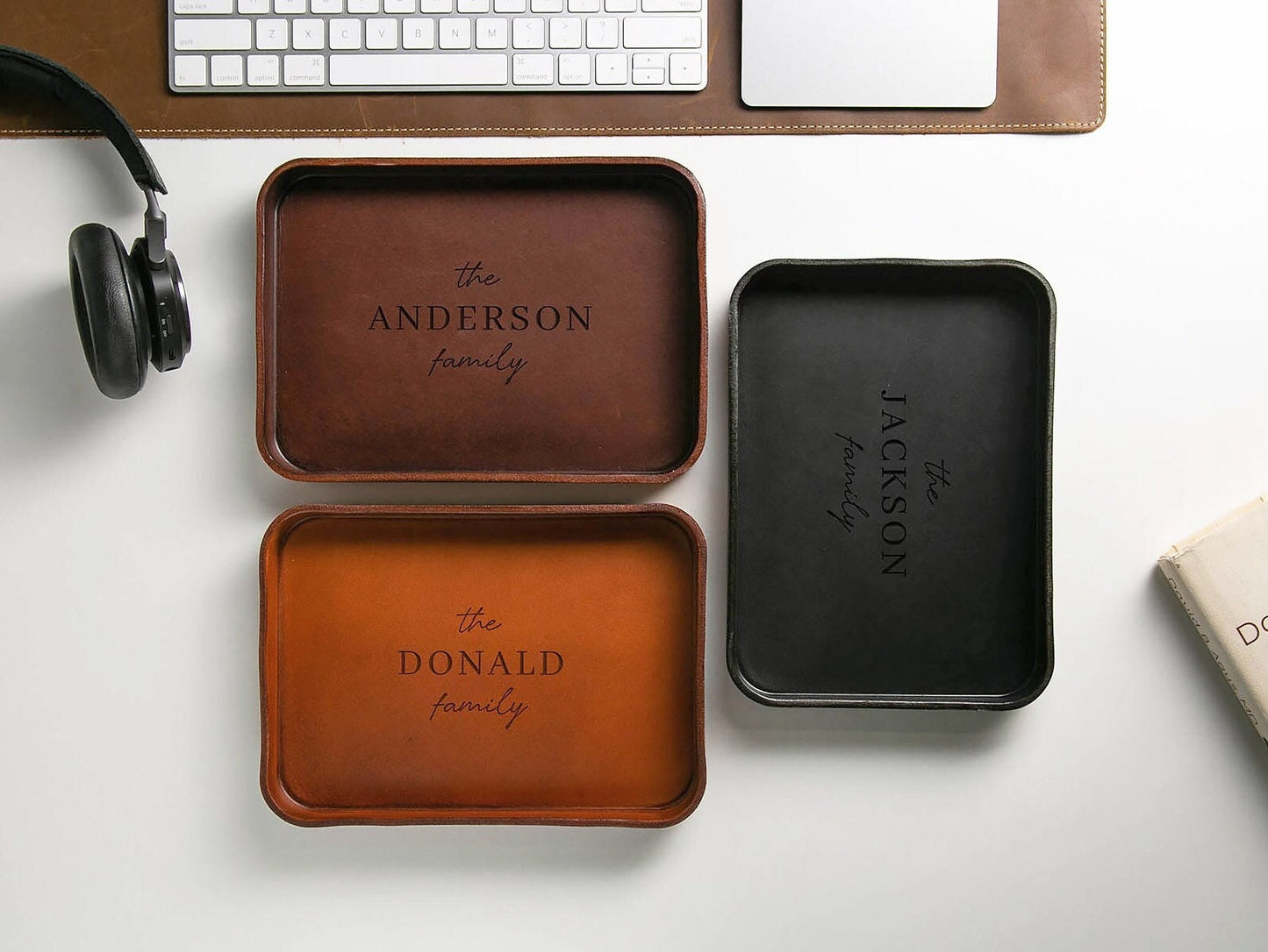 Vegetable Tanned Hard Leather Valet (Design 2) - Housewarming Newlywed Married Couple Gifts for Him Husband Catchall EDC Tray, Teacher Gift
