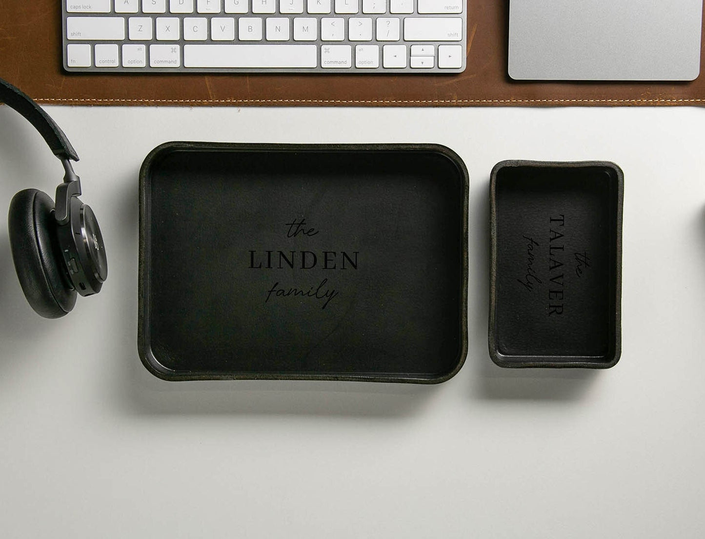 Vegetable Tanned Hard Leather Valet (Design 2) - Housewarming Newlywed Married Couple Gifts for Him Husband Catchall EDC Tray, Teacher Gift