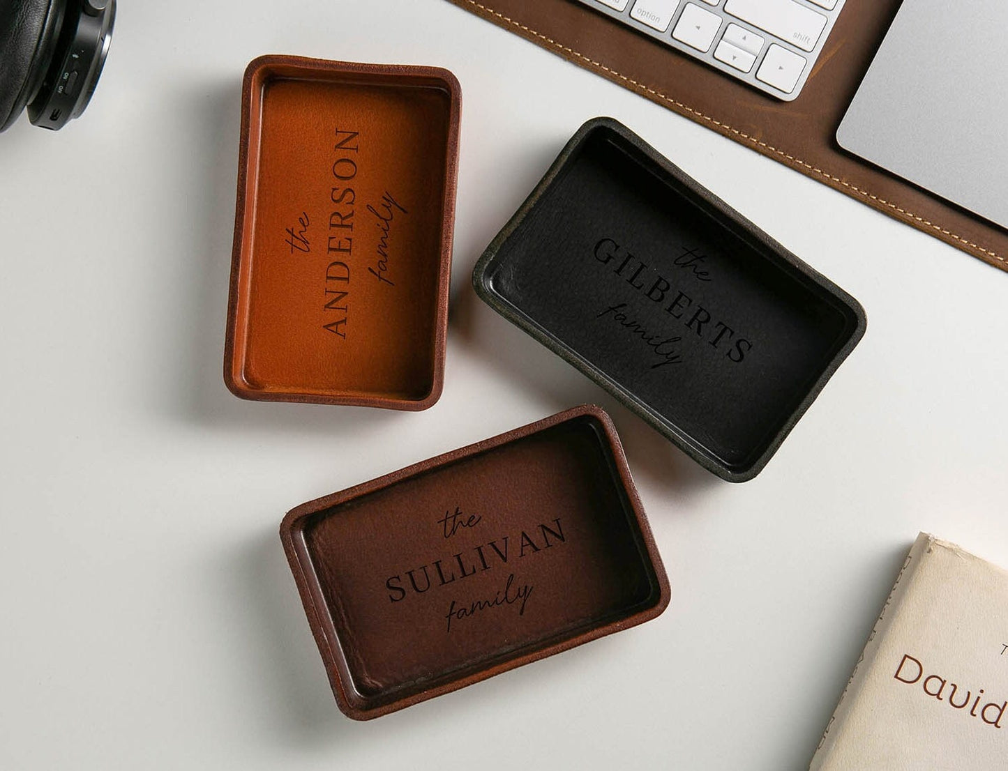 Vegetable Tanned Hard Leather Valet (Design 2) - Housewarming Newlywed Married Couple Gifts for Him Husband Catchall EDC Tray, Teacher Gift