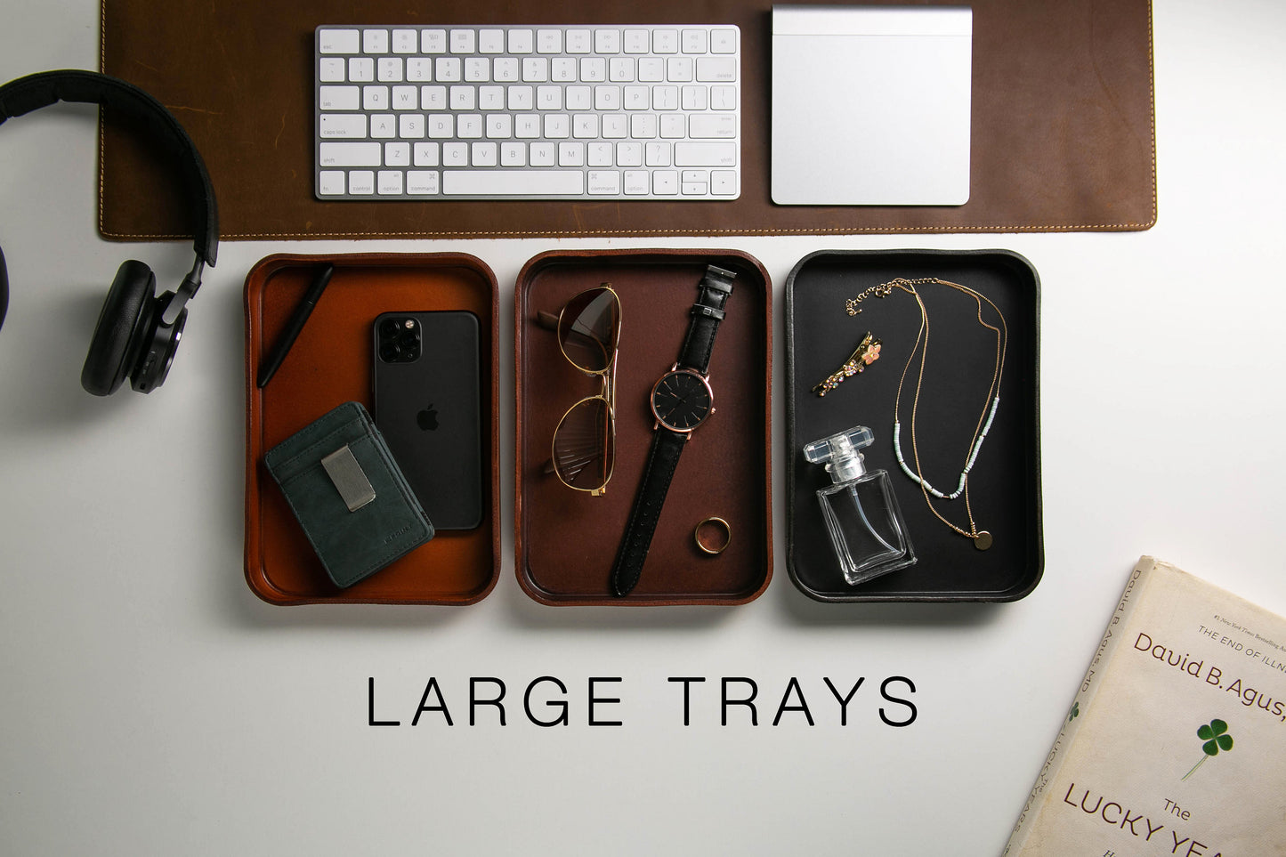 Vegetable Tanned Hard Leather Valet (Design 2) - Housewarming Newlywed Married Couple Gifts for Him Husband Catchall EDC Tray, Teacher Gift