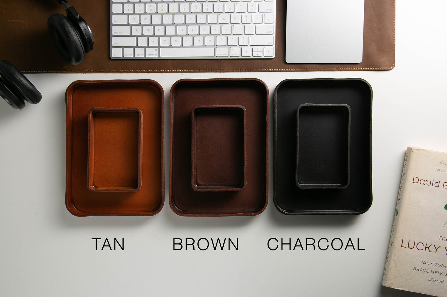 Vegetable Tanned Hard Leather Valet (Design 2) - Housewarming Newlywed Married Couple Gifts for Him Husband Catchall EDC Tray, Teacher Gift
