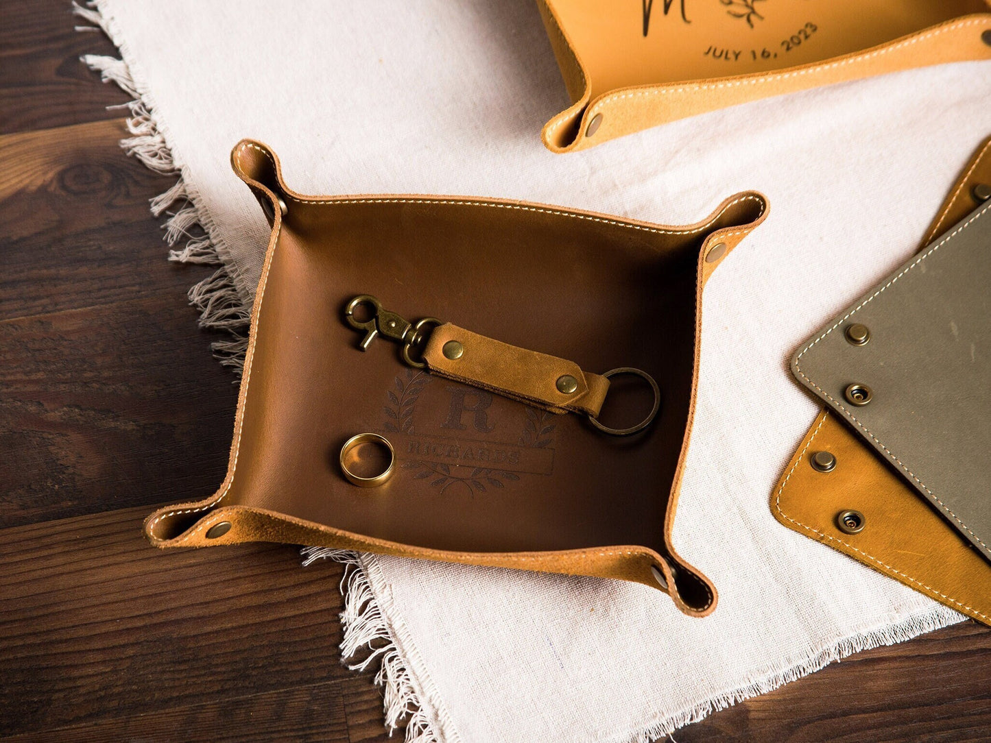 Engraved Leather Valet Tray - Personalized Catchall Ring Key Tray, Office Desk or Entryway Decor, Anniversary Gift for Husband Wife Dad Mom