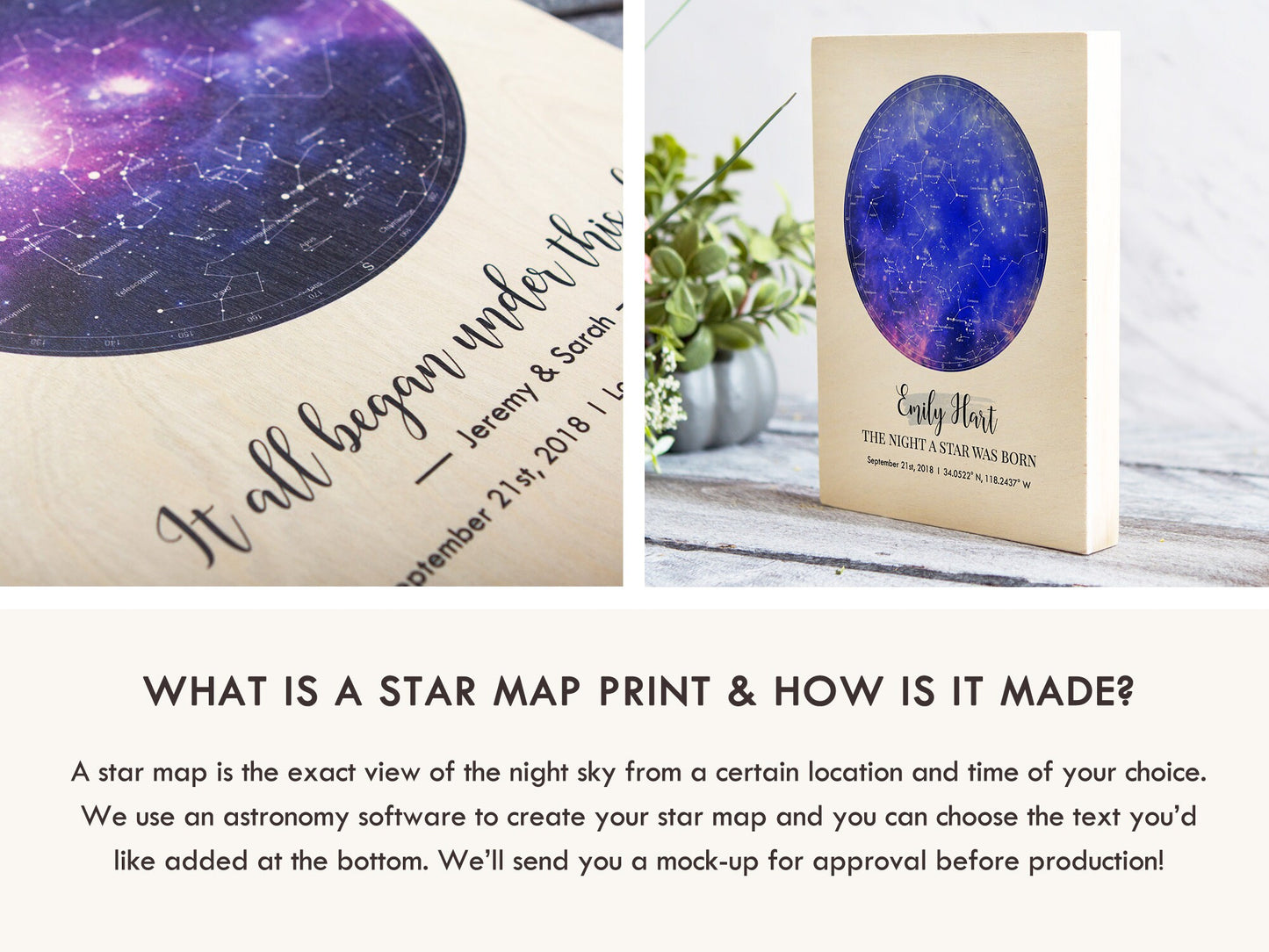 Star Map Printed on Wood of any Date - The Night A Star Was Born Actual View of the Stars Birthday Anniversary Long Distance Couple Gift