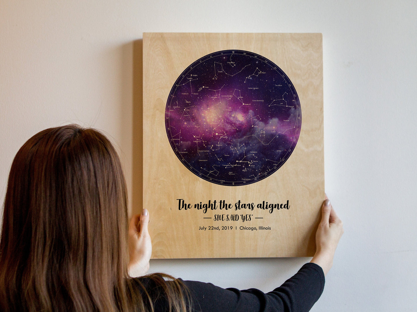 Star Map Printed on Wood of any Date - The Night A Star Was Born Actual View of the Stars Birthday Anniversary Long Distance Couple Gift