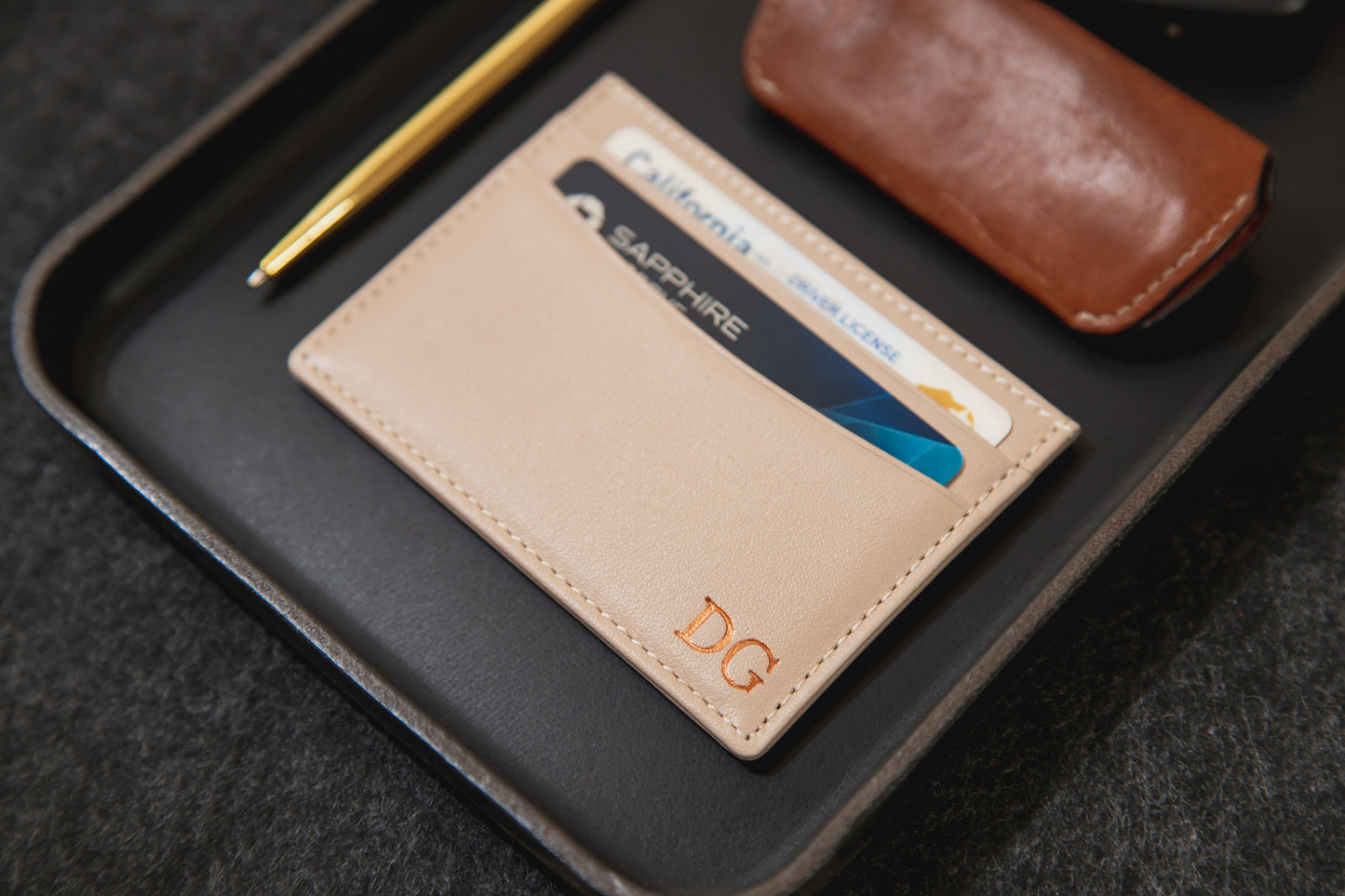 Embossed Leather Card Holder - Custom Monogram Name Initials Slim Money ID Wallet, Birthday Wedding Travel 3rd Anniversary Gift Him Her