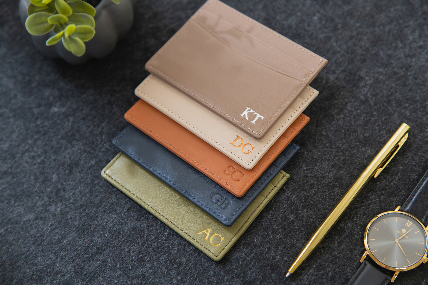 Embossed Leather Card Holder - Custom Monogram Name Initials Slim Money ID Wallet, Birthday Wedding Travel 3rd Anniversary Gift Him Her