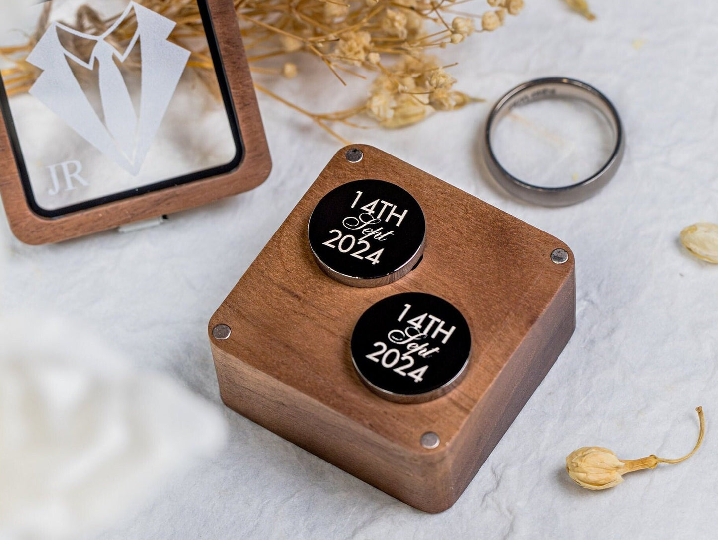 Metal Cufflinks & Square Box w Glass Lid (Set) - Wedding Day Cuff links Gift Groom Dad Groomsmen Father of Bride, Groomsmen Best Man Favors