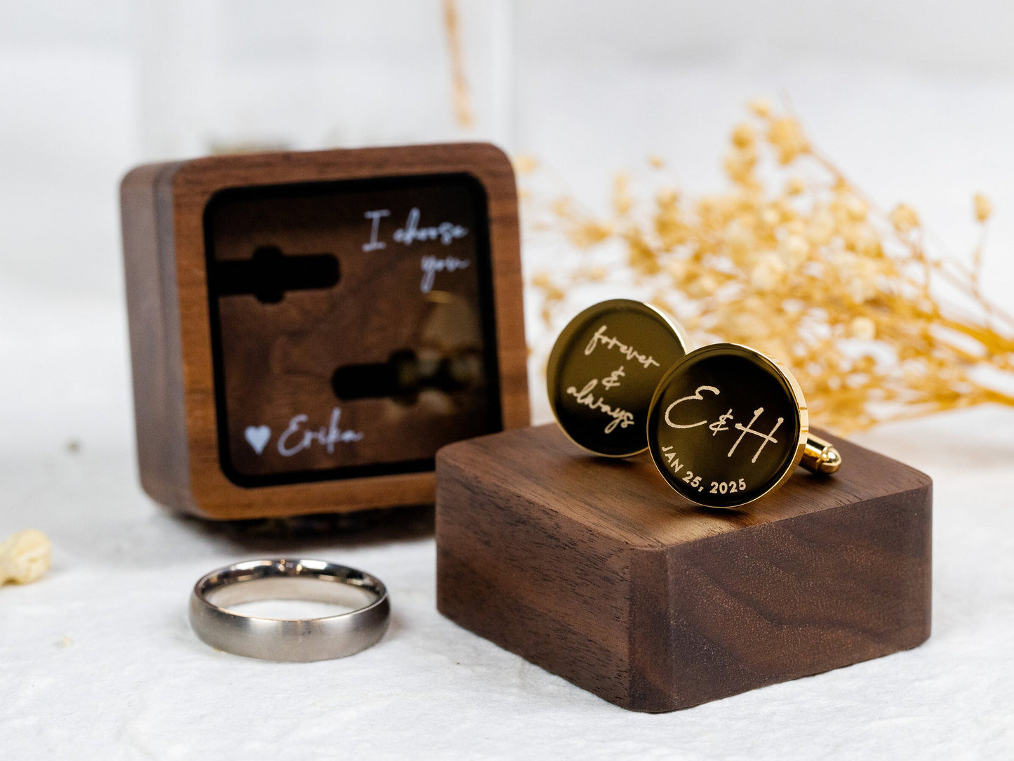Metal Cufflinks & Square Box w Glass Lid (Set) - Wedding Day Cuff links Gift Groom Dad Groomsmen Father of Bride, Groomsmen Best Man Favors