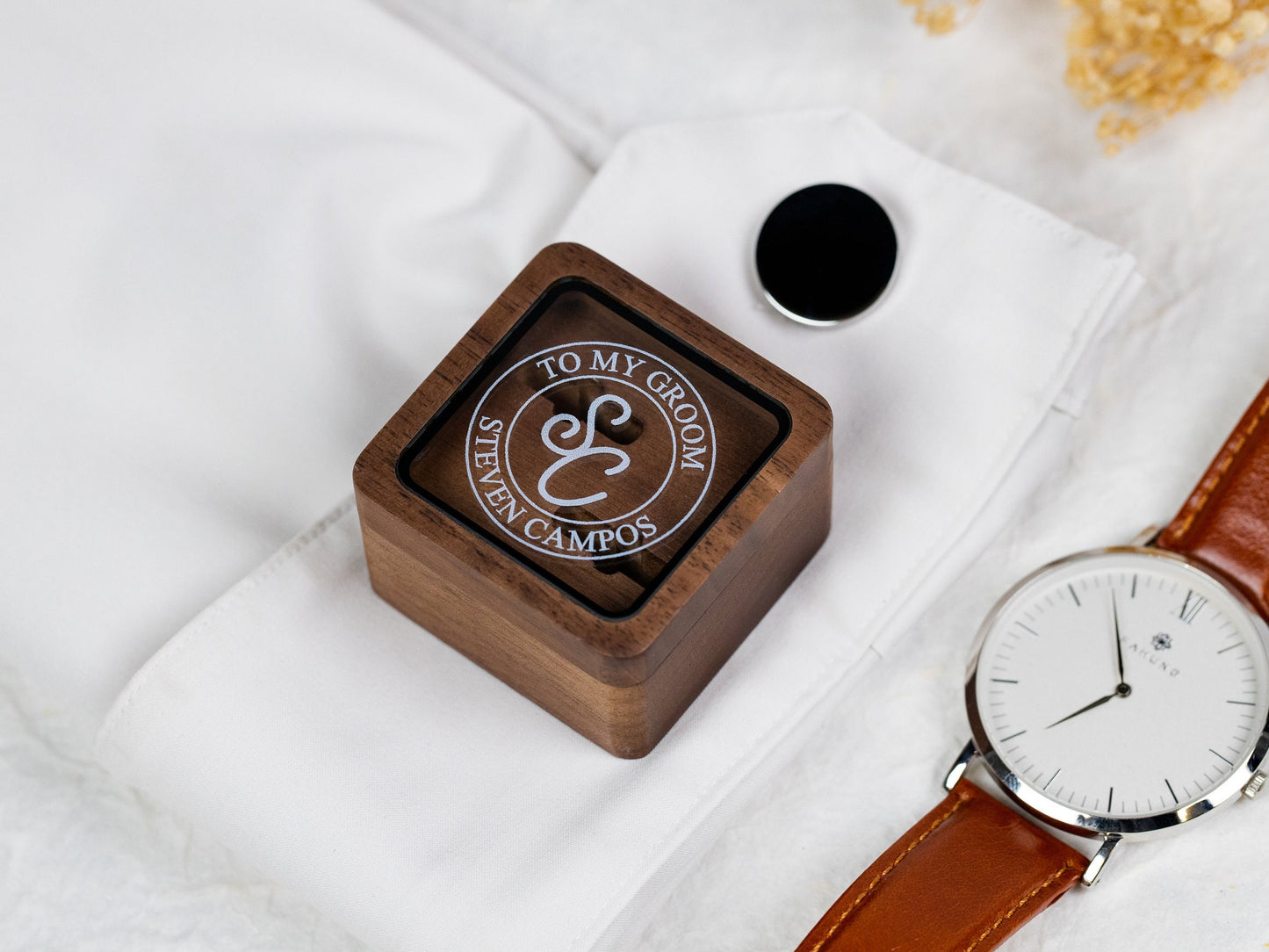 Metal Cufflinks & Square Box w Glass Lid (Set) - Wedding Day Cuff links Gift Groom Dad Groomsmen Father of Bride, Groomsmen Best Man Favors