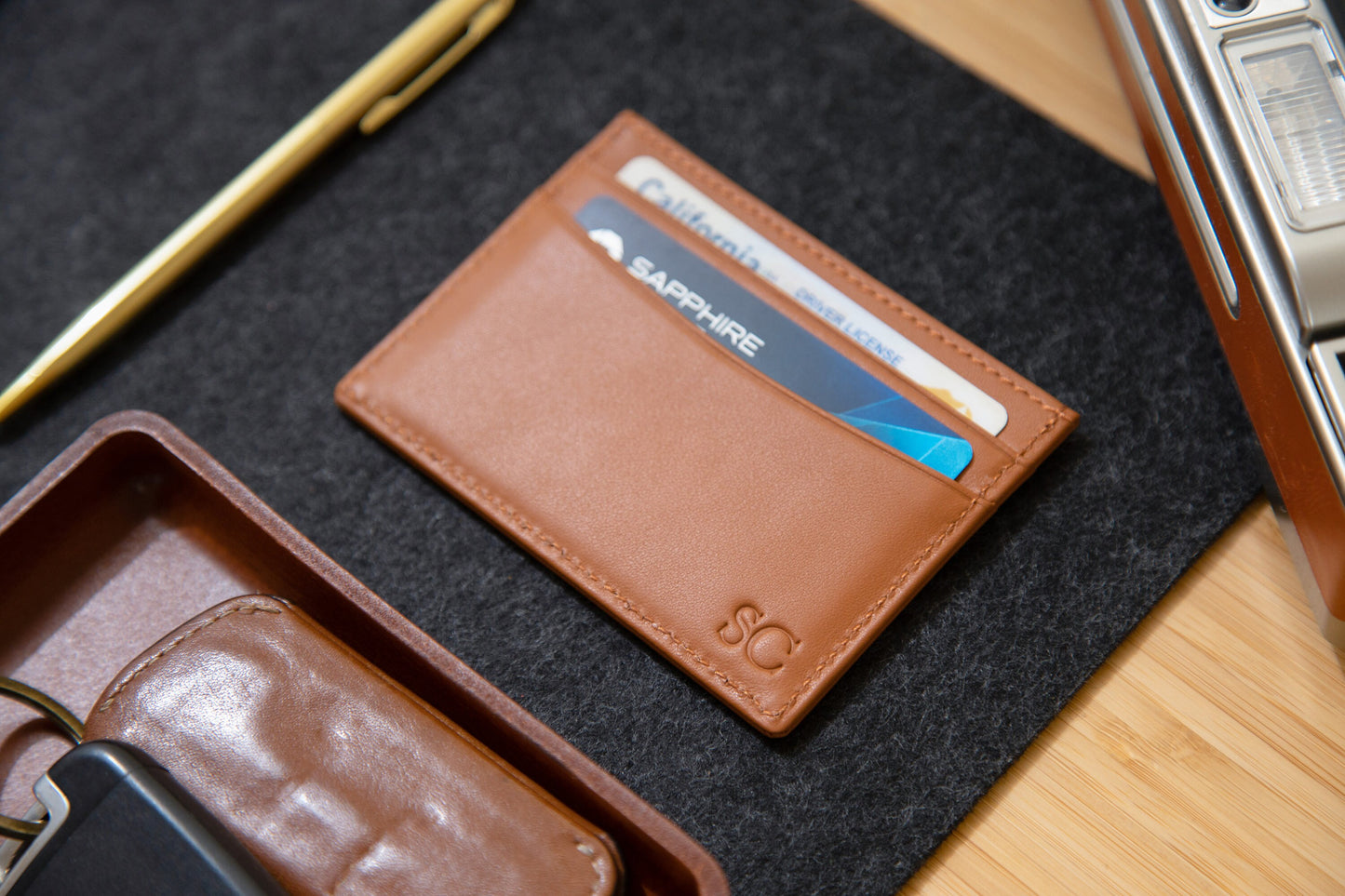 Embossed Leather Card Holder - Custom Monogram Name Initials Slim Money ID Wallet, Birthday Wedding Travel 3rd Anniversary Gift Him Her