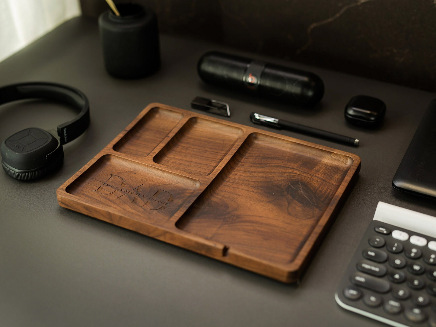 Rectangle Organizer Catchall D5 - 8.5x11.5" Large Wood Custom Engraved Dump Tray Organizer, Home Work School Office Table Charging Station