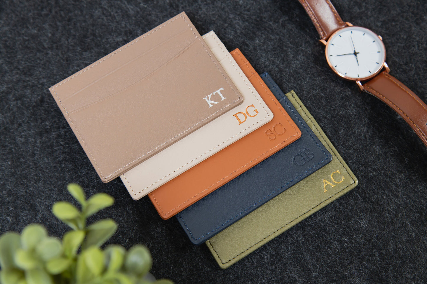 Embossed Leather Card Holder - Custom Monogram Name Initials Slim Money ID Wallet, Birthday Wedding Travel 3rd Anniversary Gift Him Her