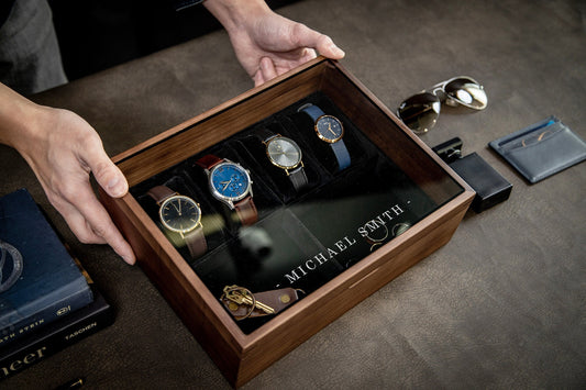 8x10 Wood Watch Box with Glass Lid (Design 5) - Modern Men's Custom Gift Box for Son Husband Dad, Birthday Engagement Wedding Anniversary