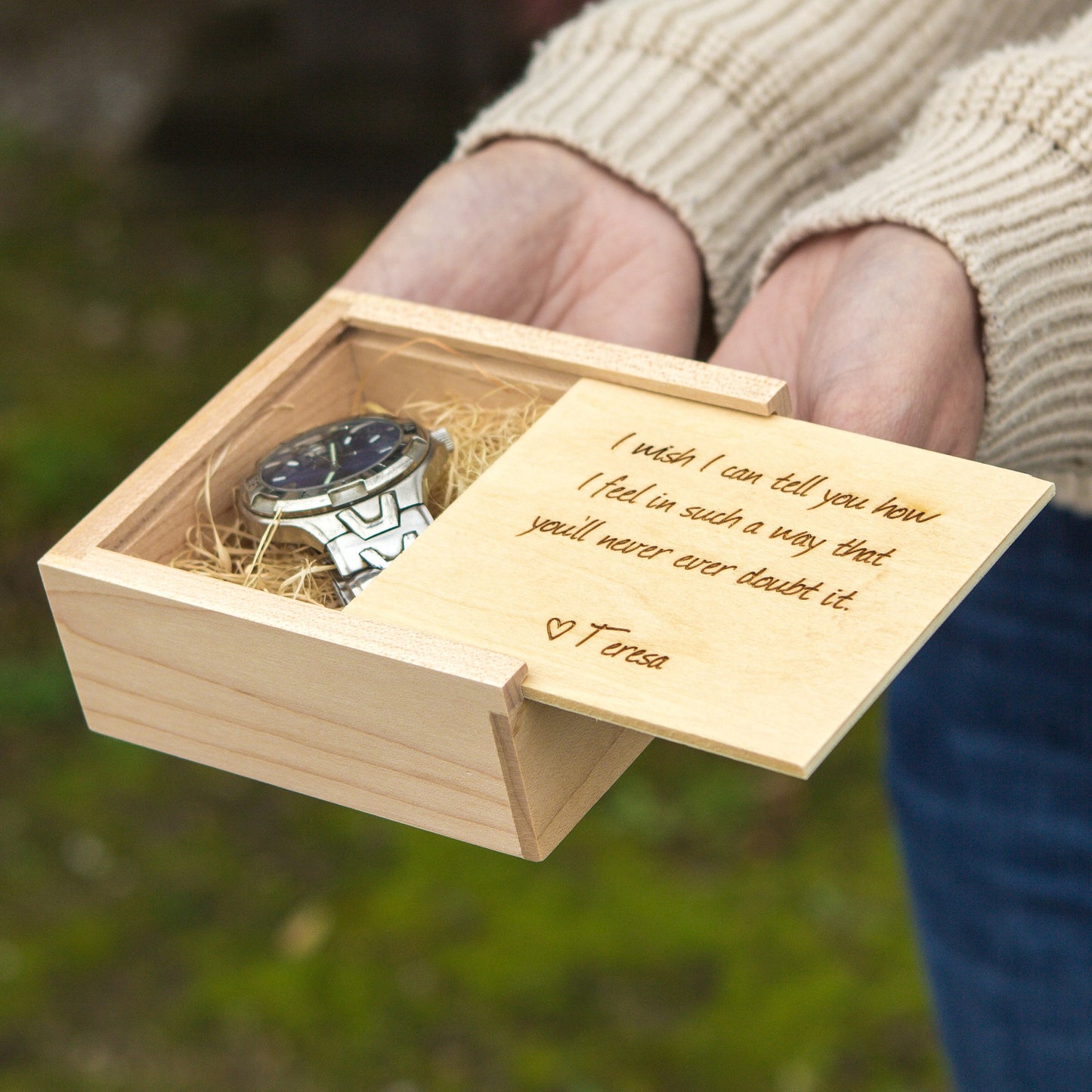Square Maple Gift Trinket Box - Personalized Small Jewelry Gift Box, Necklace Bracelet Wood Storage, Custom Message for Teacher Appreciation