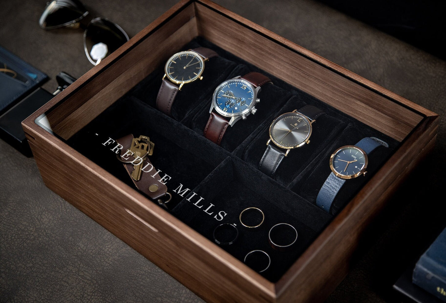 8x10 Wood Watch Box with Glass Lid (Design 5) - Modern Men's Custom Gift Box for Son Husband Dad, Birthday Engagement Wedding Anniversary