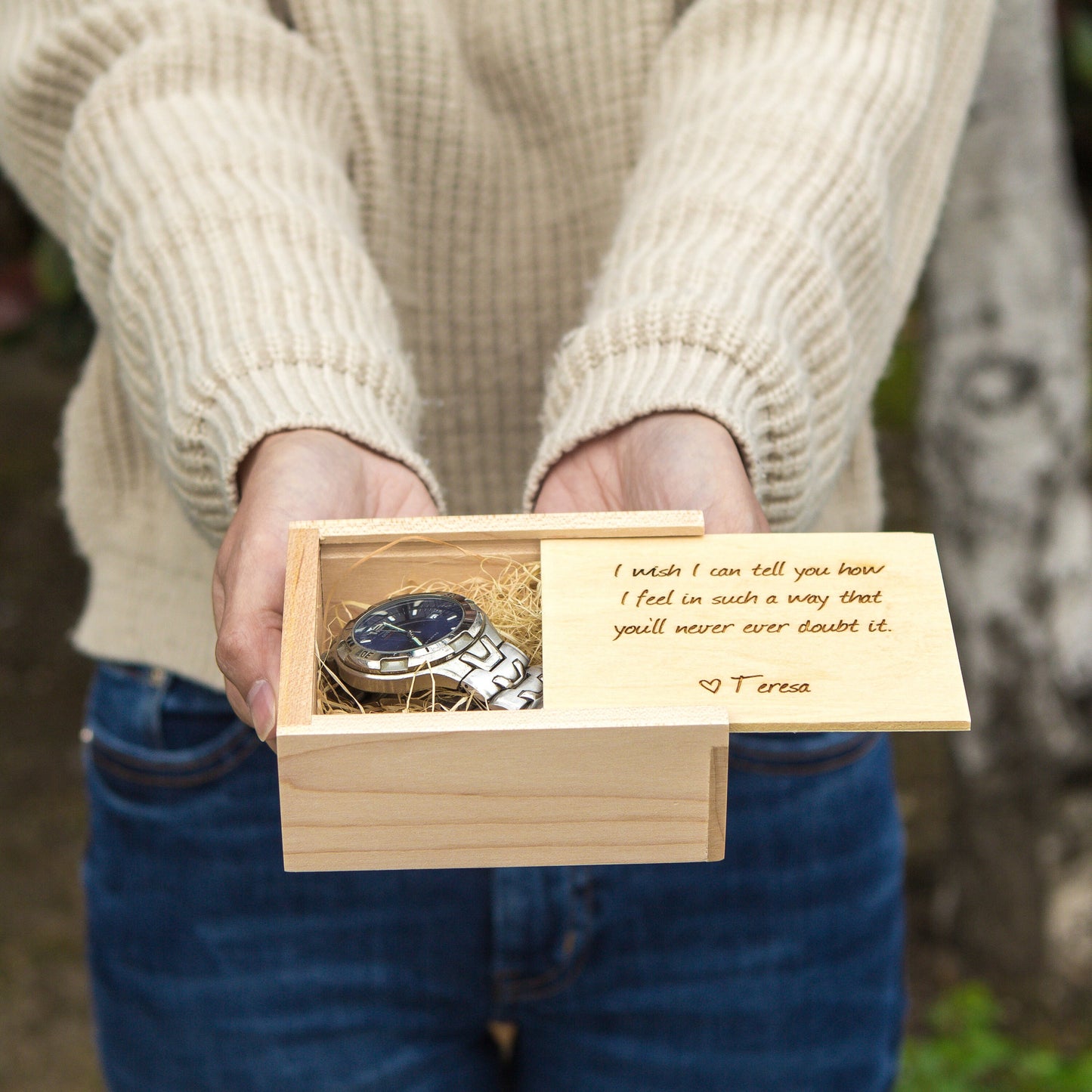 Square Maple Gift Trinket Box - Personalized Small Jewelry Gift Box, Necklace Bracelet Wood Storage, Custom Message for Teacher Appreciation
