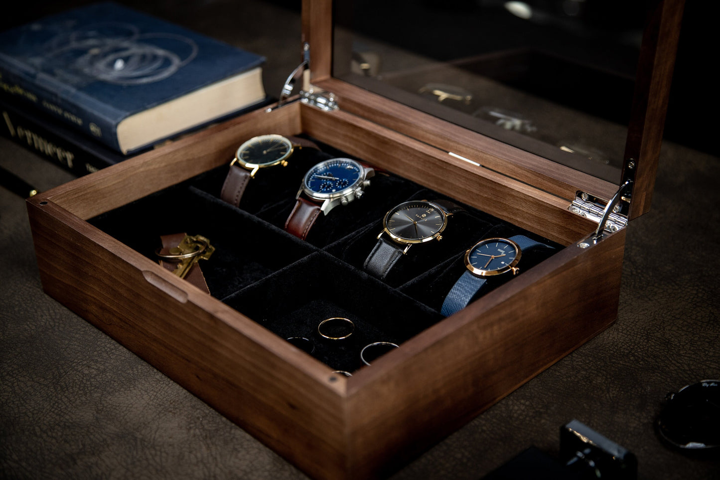 8x10 Wood Watch Box with Glass Lid (Design 5) - Modern Men's Custom Gift Box for Son Husband Dad, Birthday Engagement Wedding Anniversary