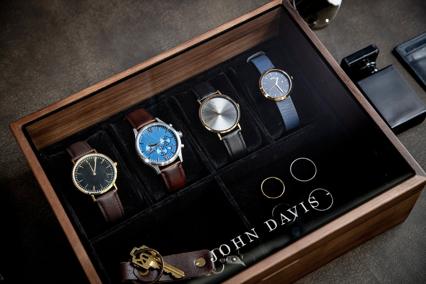 8x10 Wood Watch Box with Glass Lid (Design 5) - Modern Men's Custom Gift Box for Son Husband Dad, Birthday Engagement Wedding Anniversary