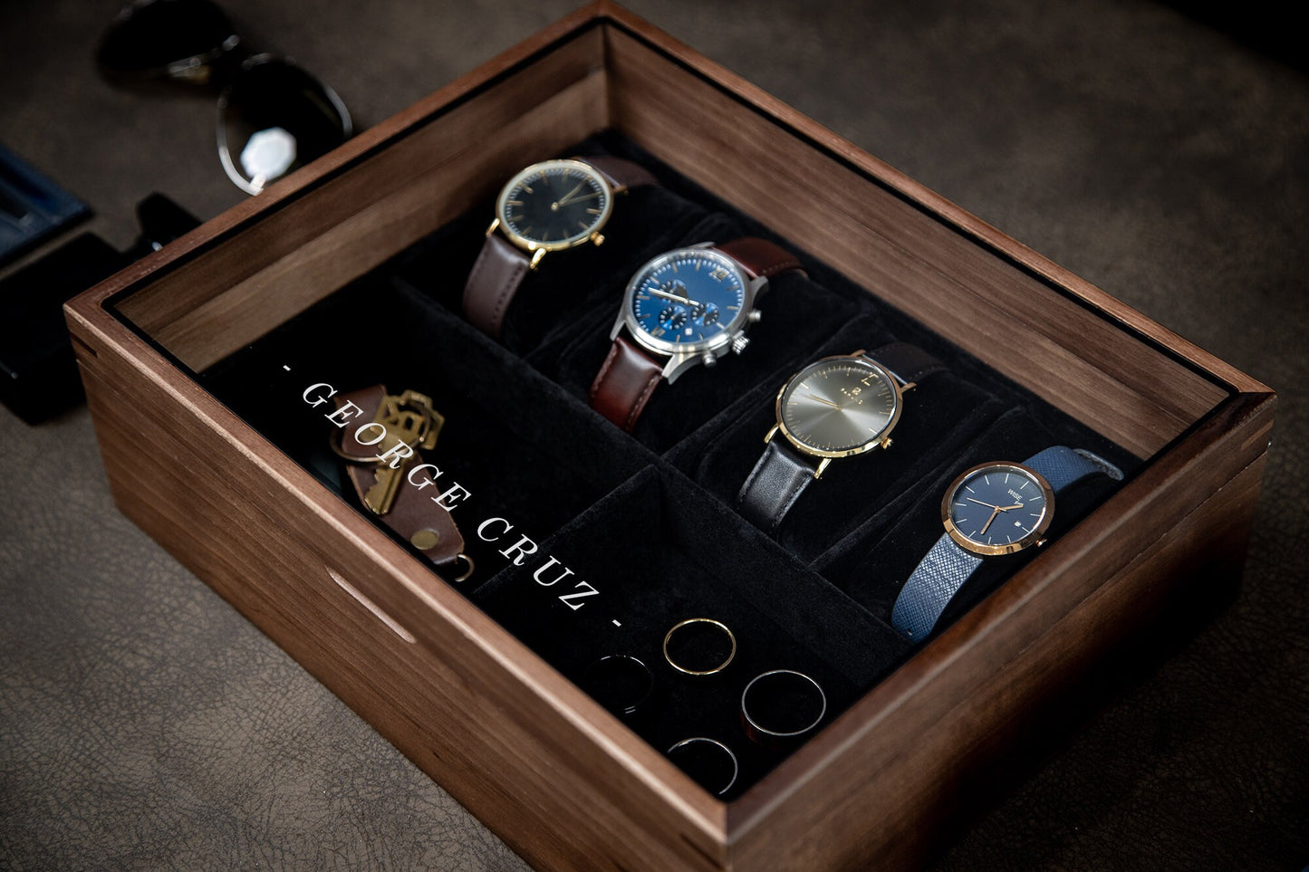 8x10 Wood Watch Box with Glass Lid (Design 5) - Modern Men's Custom Gift Box for Son Husband Dad, Birthday Engagement Wedding Anniversary