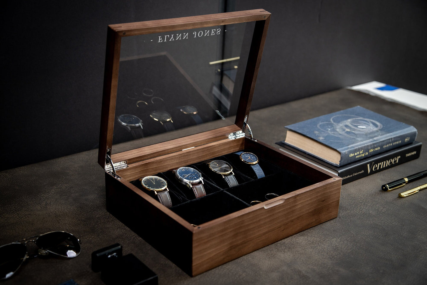 8x10 Wood Watch Box with Glass Lid (Design 5) - Modern Men's Custom Gift Box for Son Husband Dad, Birthday Engagement Wedding Anniversary