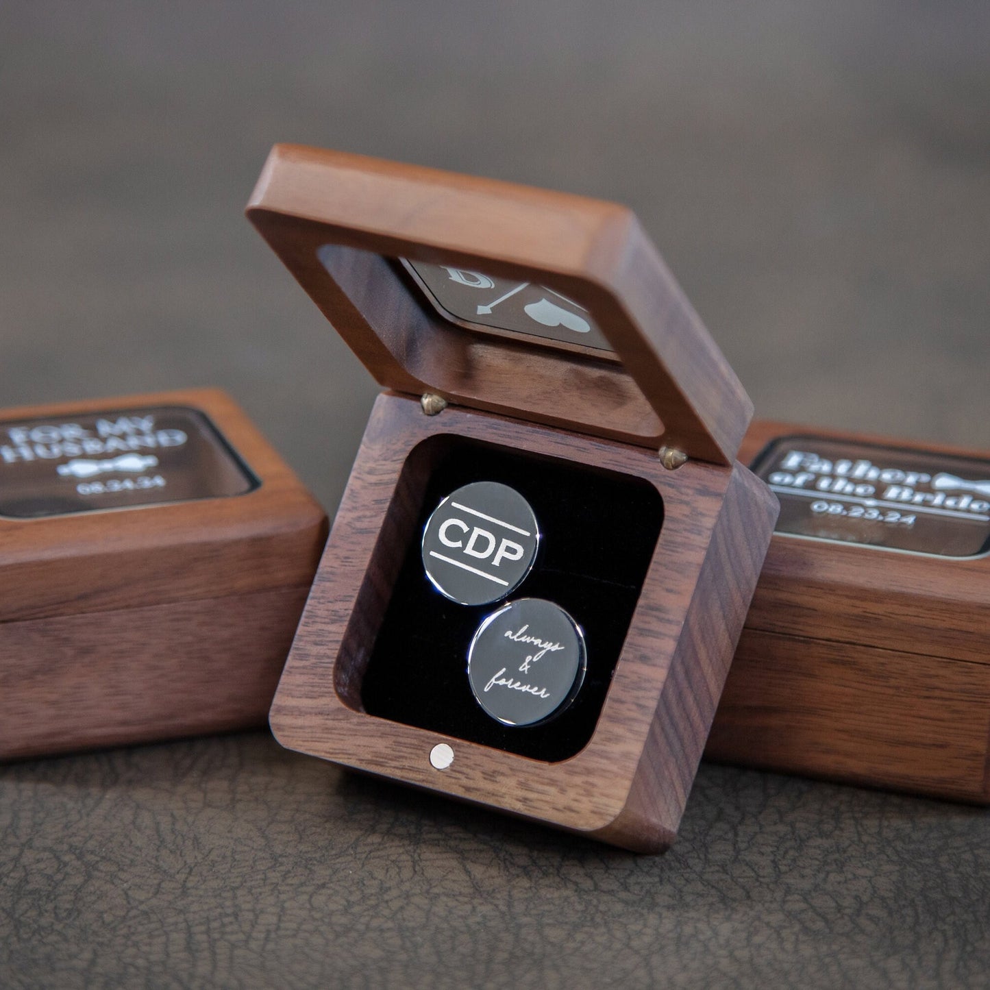 Cufflinks w/ Premium Cufflinks Box w/ Glass Lid - Custom Wooden Cufflinks Box, Personalized Wedding Day Gift For Groomsman Best Man Groom