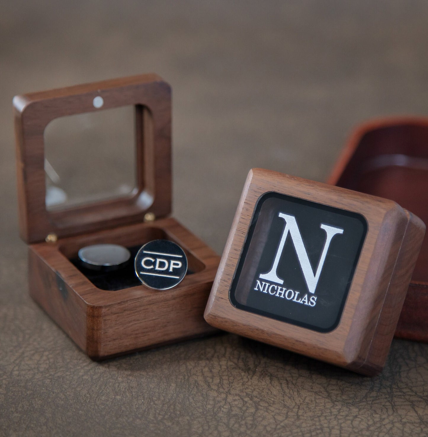 Cufflinks w/ Premium Cufflinks Box w/ Glass Lid - Custom Wooden Cufflinks Box, Personalized Wedding Day Gift For Groomsman Best Man Groom