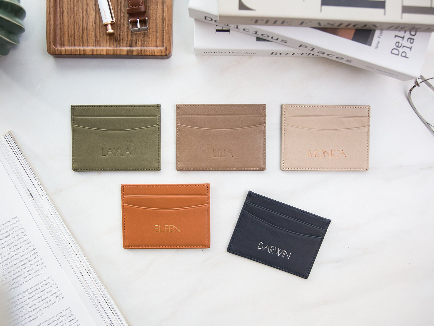 Embossed Leather Card Holder - Custom Monogram Name Initials Slim Money ID Wallet, Birthday Wedding Travel 3rd Anniversary Gift Him Her