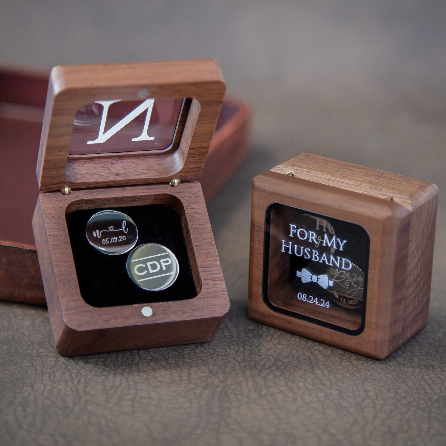 Cufflinks w/ Premium Cufflinks Box w/ Glass Lid - Custom Wooden Cufflinks Box, Personalized Wedding Day Gift For Groomsman Best Man Groom