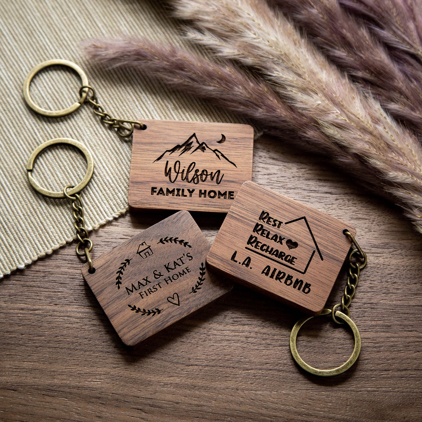 Rectangle Wood Key Chain - Custom Engraved Keychain, Airbnb Cabin Vacation Rental Travel Corporate Realtor Keys, Back to School Teacher Gift