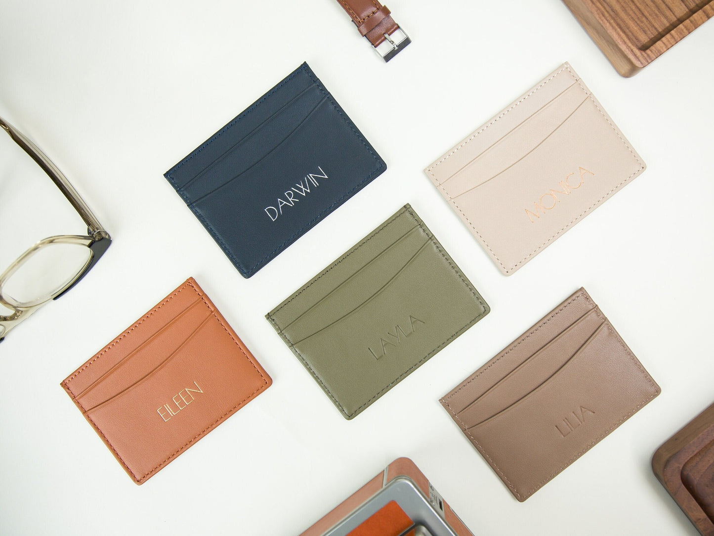 Embossed Leather Card Holder - Custom Monogram Name Initials Slim Money ID Wallet, Birthday Wedding Travel 3rd Anniversary Gift Him Her