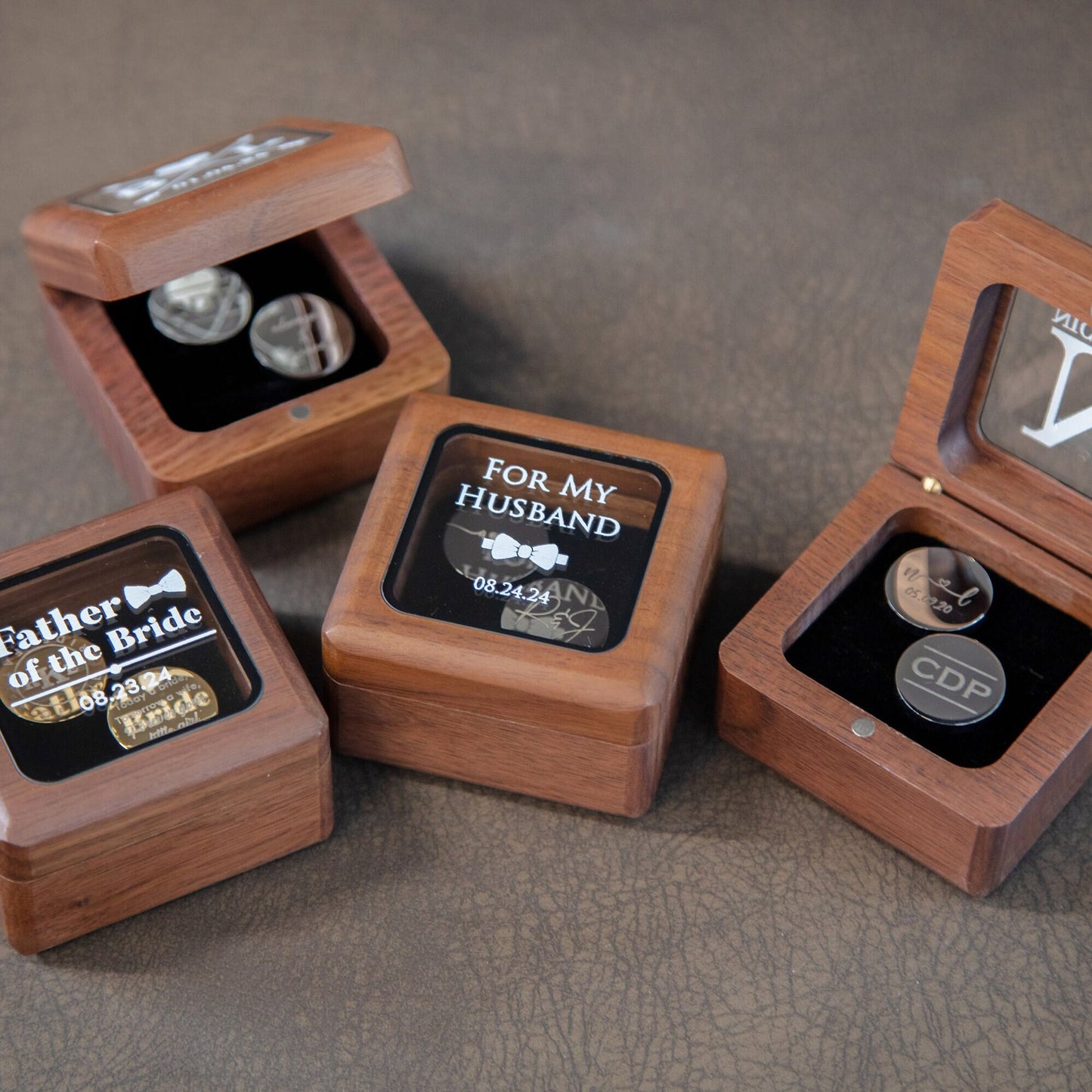 Cufflinks w/ Premium Cufflinks Box w/ Glass Lid - Custom Wooden Cuff links Box, Wedding Gift For Father of the Bride or Father of the Groom