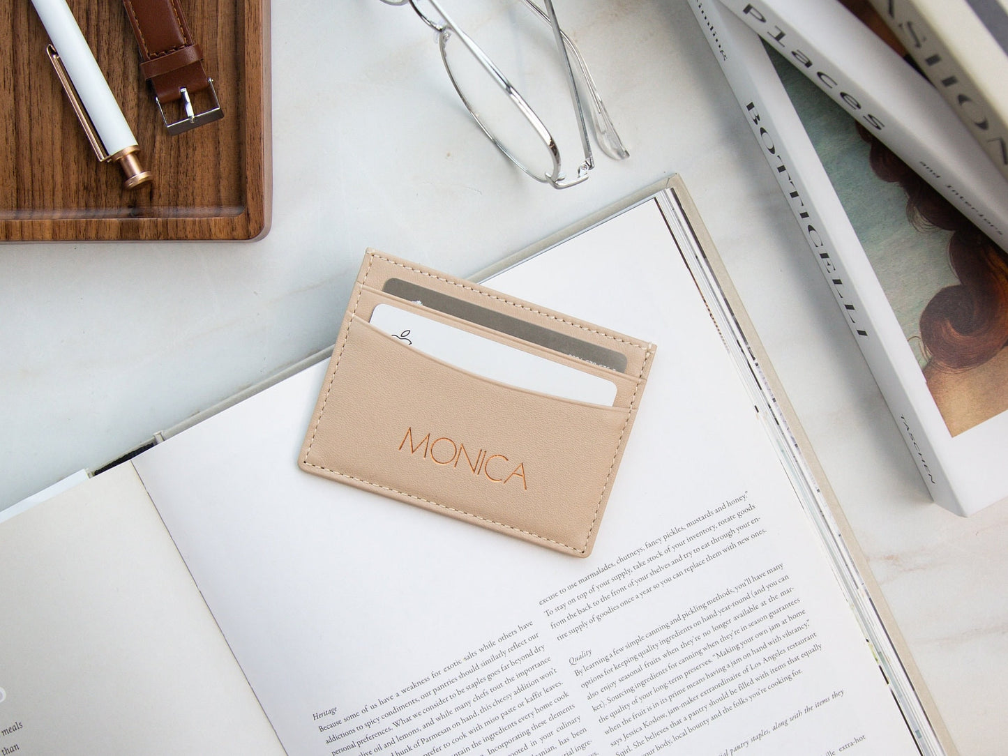 Embossed Leather Card Holder - Custom Monogram Name Initials Slim Money ID Wallet, Birthday Wedding Travel 3rd Anniversary Gift Him Her
