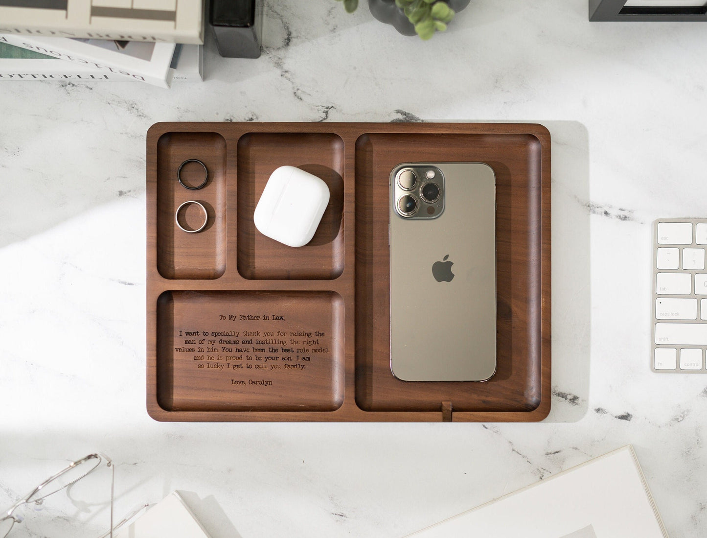 Rectangle Organizer Catchall D1 - 8.5x11.5" Large Wood Engraved Tray, Home Work Office Table Charger Station, Custom Message for Mom or Dad