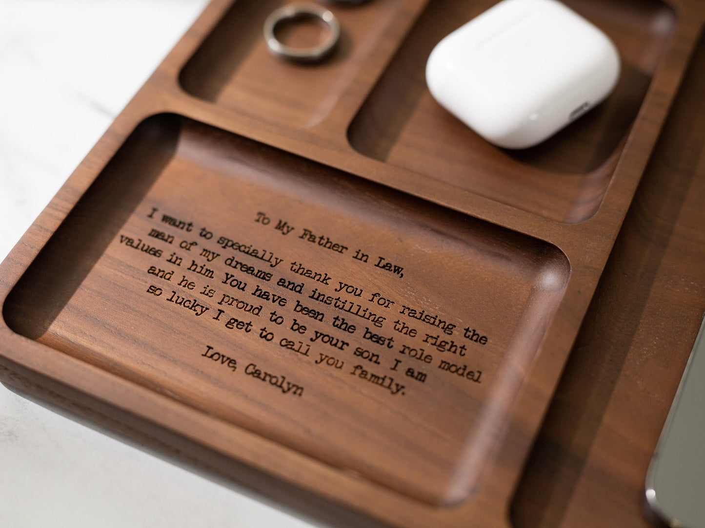 Rectangle Organizer Catchall D1 - 8.5x11.5" Large Wood Engraved Tray, Home Work Office Table Charger Station, Custom Message for Mom or Dad