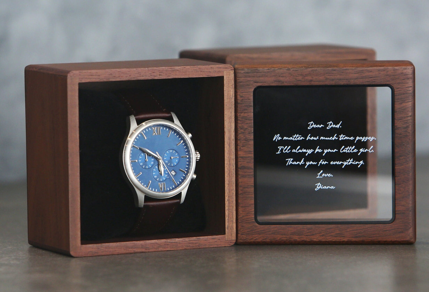 Metal Watch & Glass Top Walnut Gift Box - Mens 5th Anniversary Gift for Husband, Wedding Day Gift for Him Boyfriend Dad Son Brother Best Man