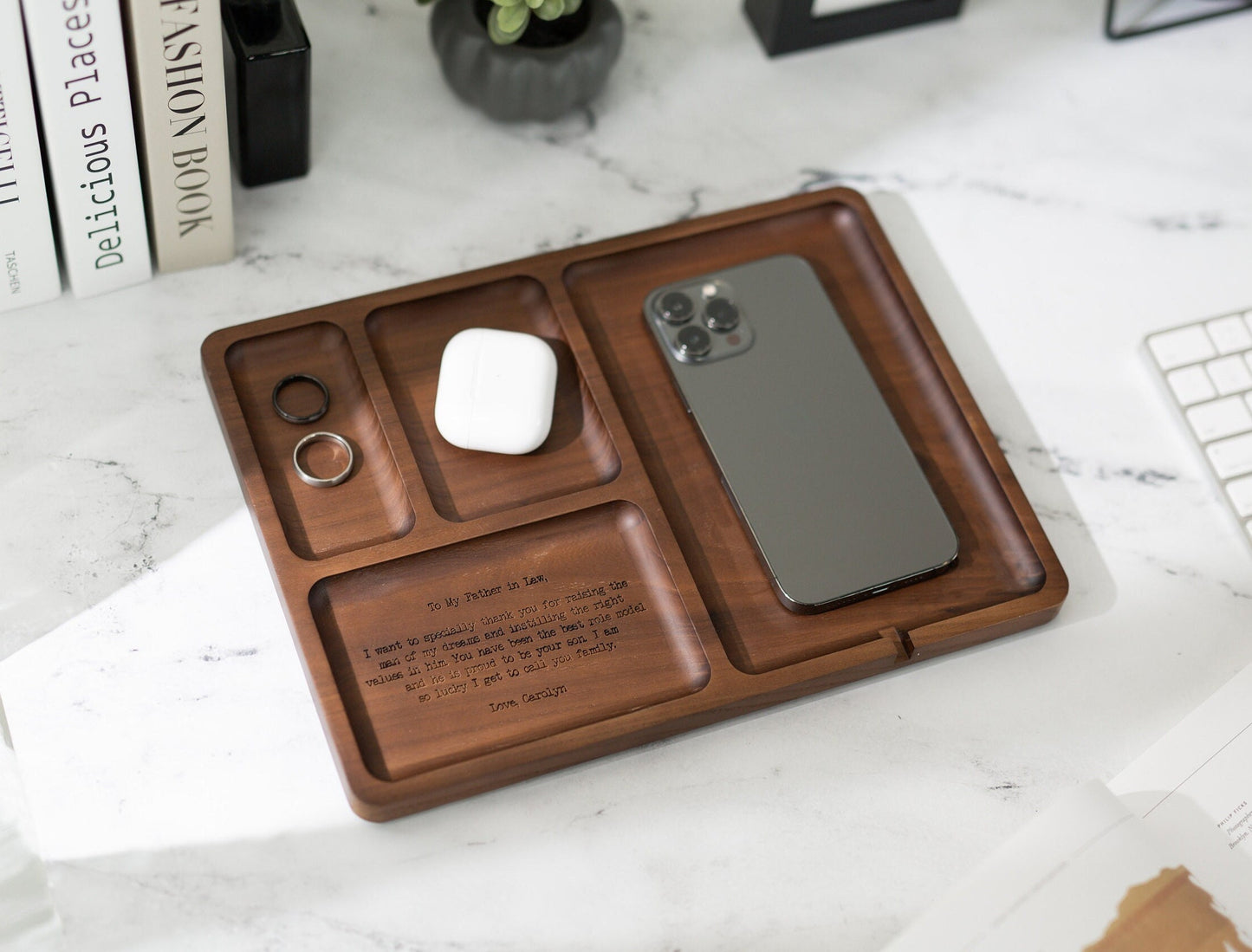 Rectangle Organizer Catchall D1 - 8.5x11.5" Large Wood Engraved Tray, Home Work Office Table Charger Station, Custom Message for Mom or Dad