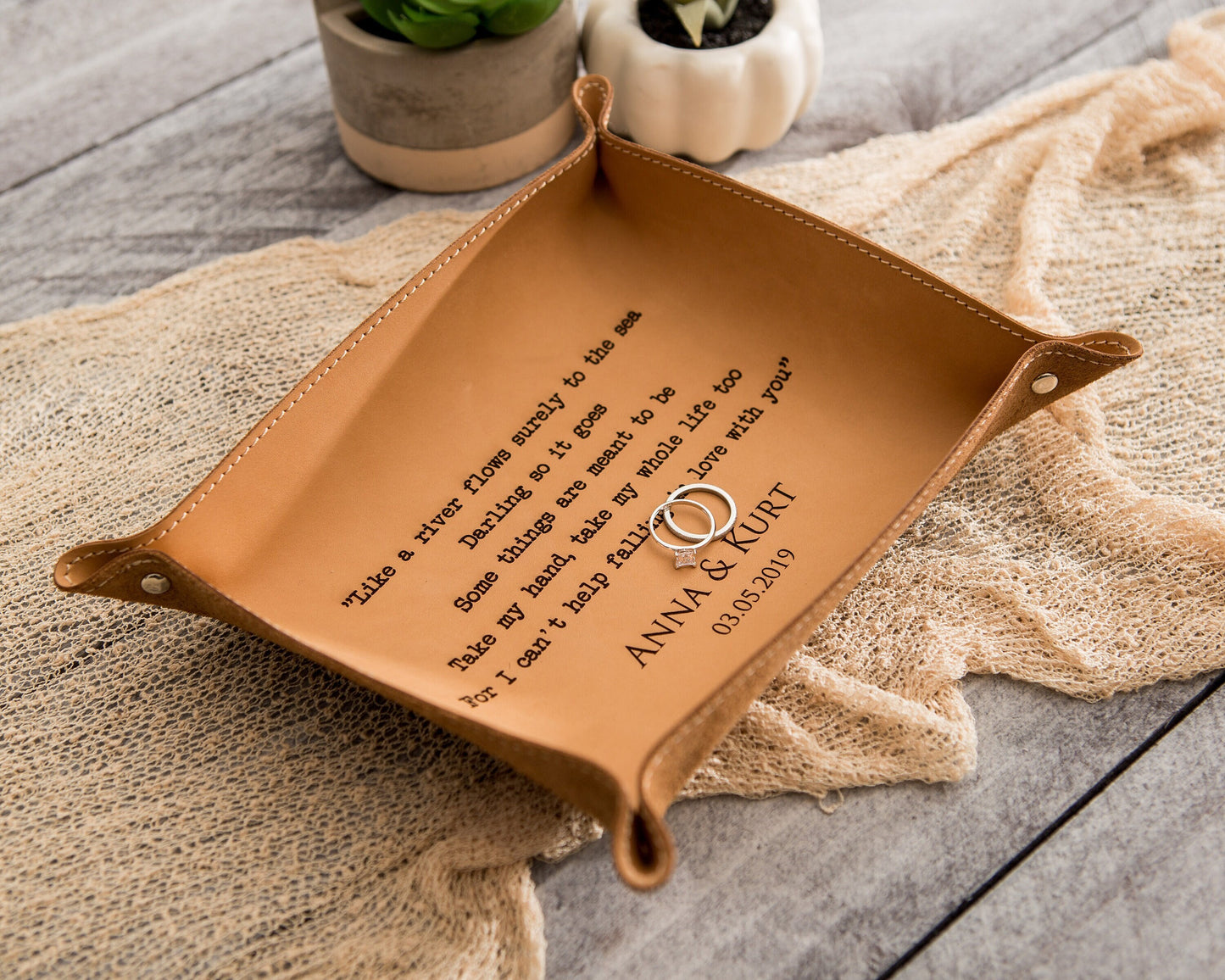 Engraved Anniversary Leather Valet Tray - Desk Side Table Key or Ring Tray Catchall, Wedding Travel or Engagement Gift for Couples Mom Dad