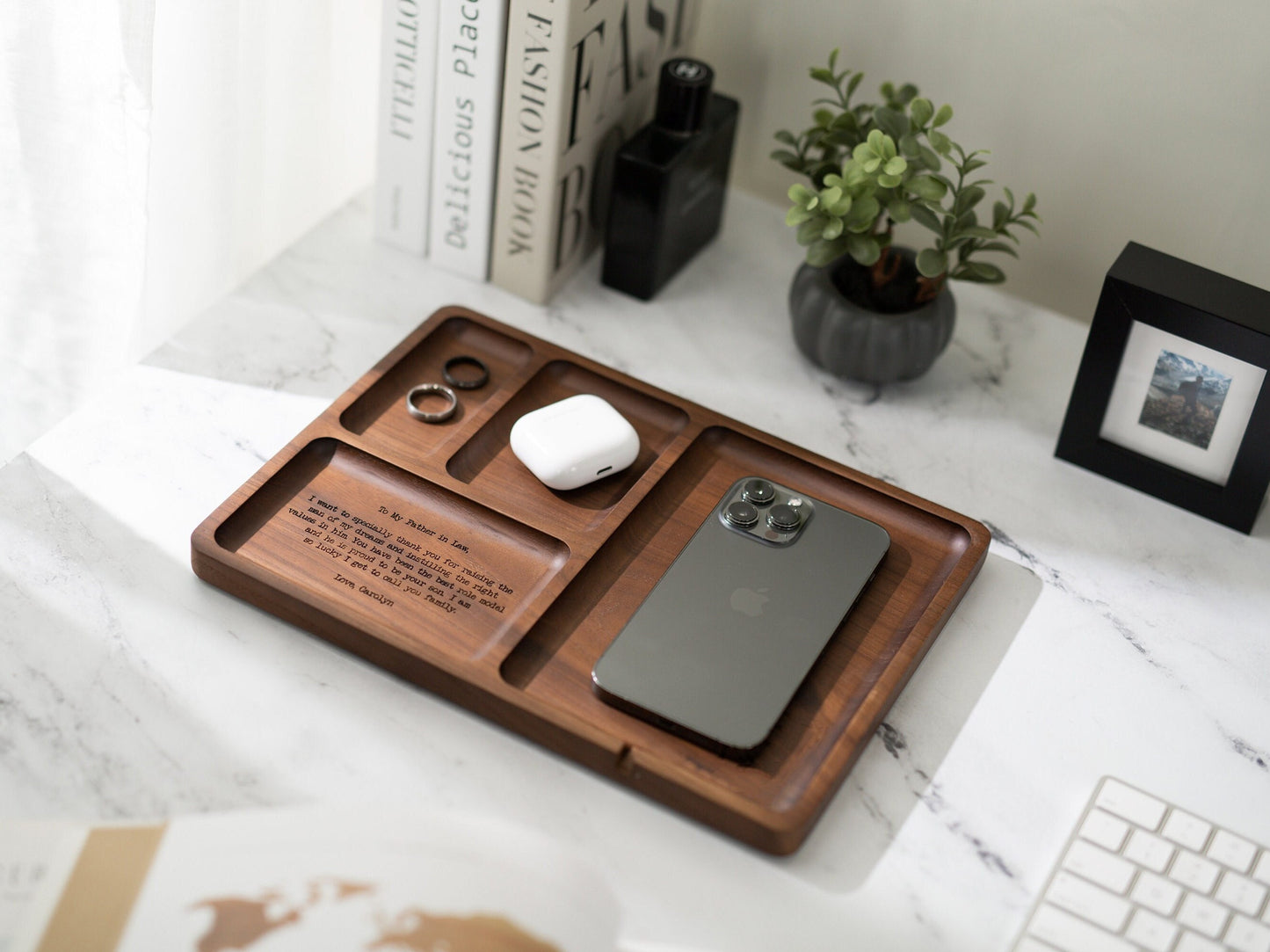 Rectangle Organizer Catchall D1 - 8.5x11.5" Large Wood Engraved Tray, Home Work Office Table Charger Station, Custom Message for Mom or Dad