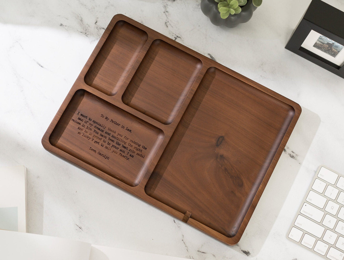 Rectangle Organizer Catchall D1 - 8.5x11.5" Large Wood Engraved Tray, Home Work Office Table Charger Station, Custom Message for Mom or Dad